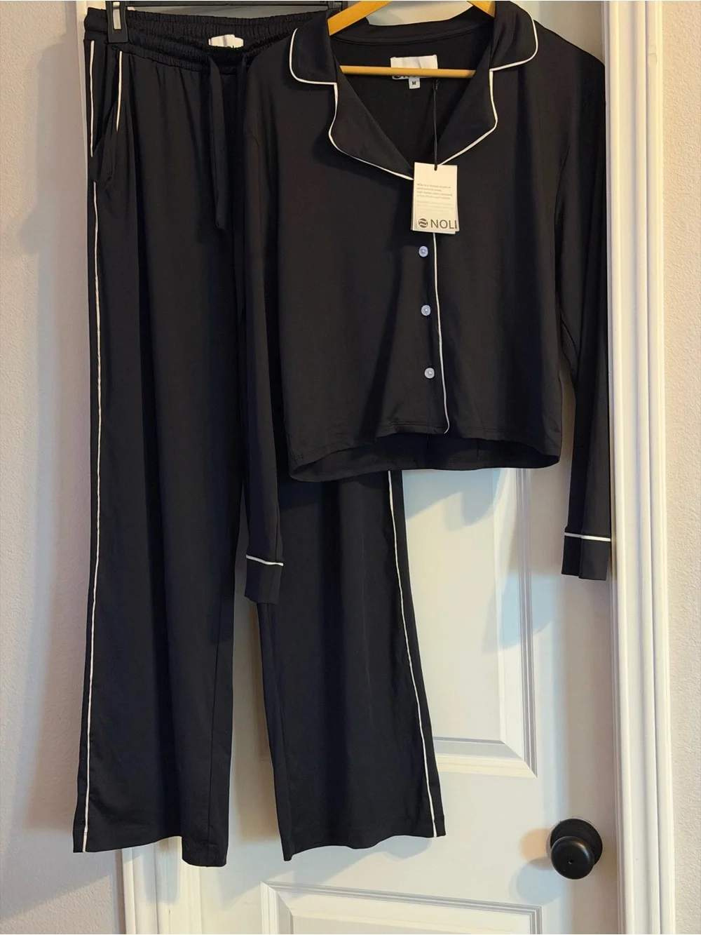 NOLI Black Piped Pajama Set – Button Top + Wide-Leg Pants - Size M